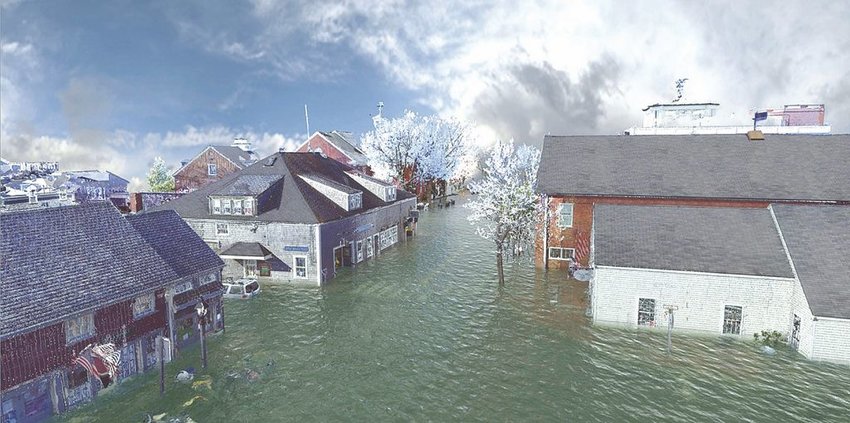 A digital rendering of potential daytime flooding on Broad Street by 2100.