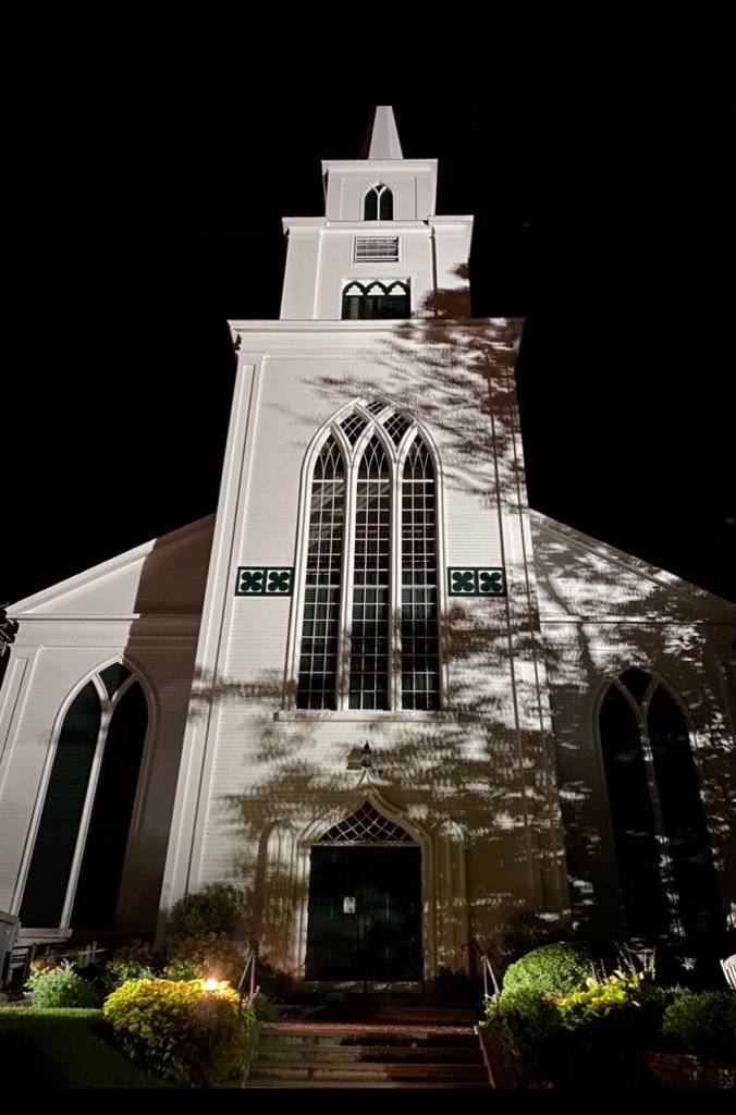 The Congregational Church at night.