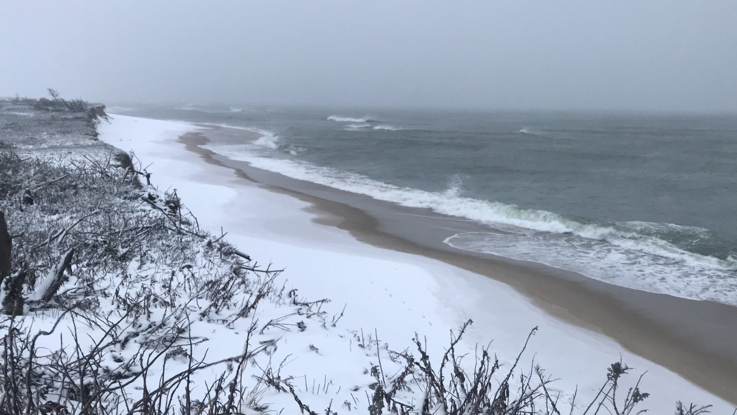 Cisco Beach covered in snow.