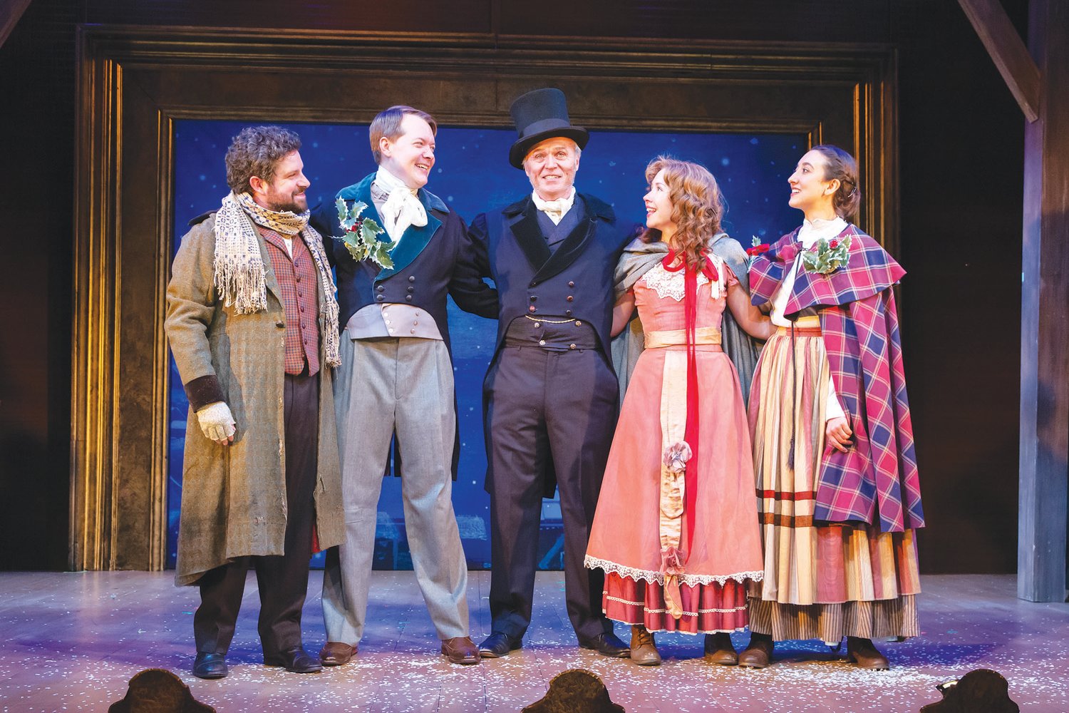 From left, Patrick Halley, Chris French, Wynn Harmon, Caitlin Clouthier and Gabi Van Horn on stage in White Heron Theatre’s “A Nantucket Christmas Carol.”
