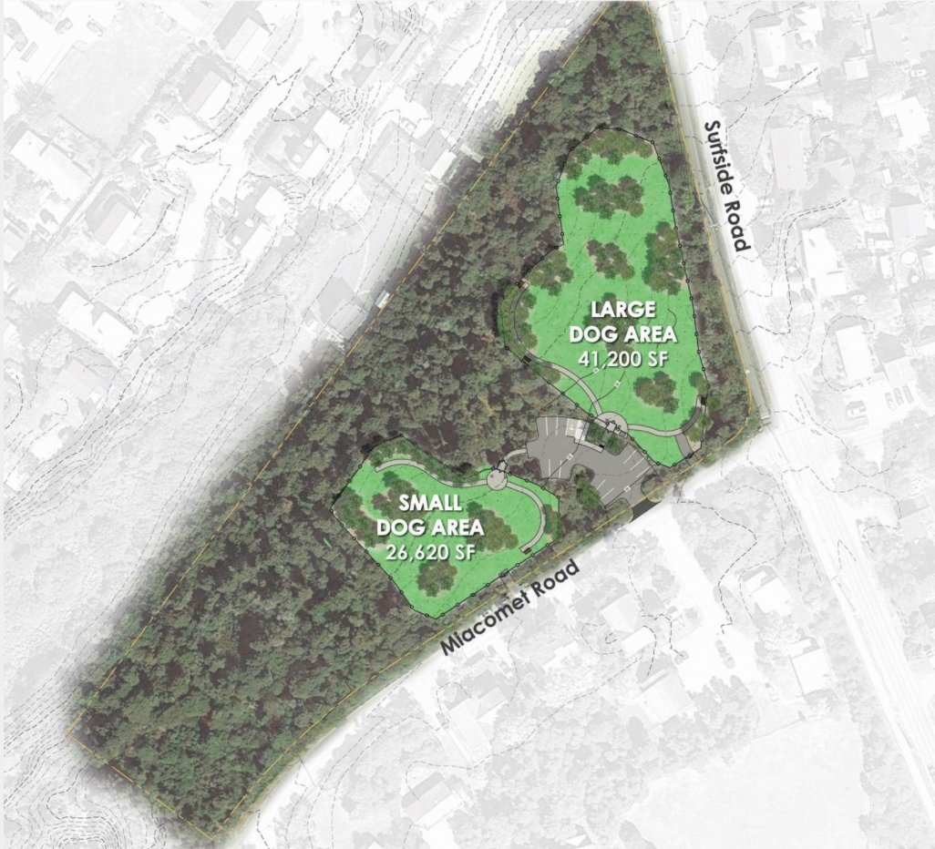 A layout of the new park, with separate areas for large and small dogs.