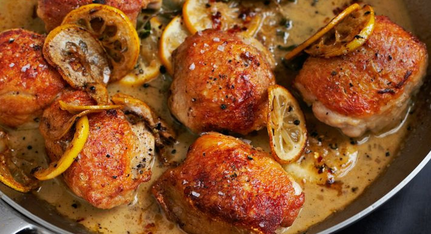 Roasted chicken thighs with lemon and oregano.