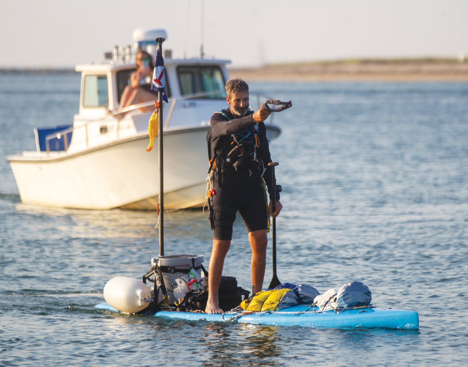 Adam Nagler approaches Nantucket at the conclusion of his epic paddle-board odyssey that began in the waters off Virginia.