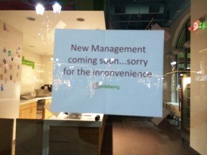 The "New Management" sign hung on the door of the Gainesville Pinkberry. 