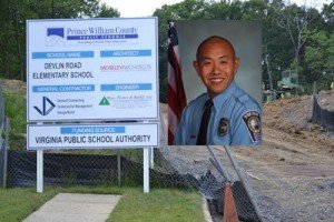 Officer Yung's photo superimposed over the Devlin Road School site is the profile photo for the 'Name the new PWCS in Bristow "Chris Yung"' Facebook Page. 