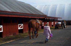 Riding instructors and children head from the barn to the arena. 