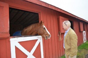 Tom Russell visits with one of the horses on his property. 