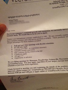 Local teens received direct mail recruitment letters from Vector Marketing offering for summer jobs. Some connected these marketing efforts to sex trafficking schemes.