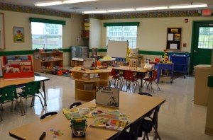 The preschool classroom for ages 3-4 includes both academic and hands-on learning centers. 