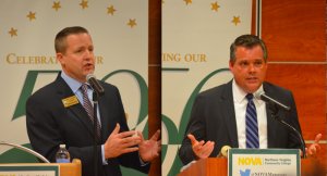 (L-R) Incumbent Chairman Corey Stewart (R) faces off against opponent Rick Smith (D) at Northern Virginia Community College, Manassas campus, Thursday. 