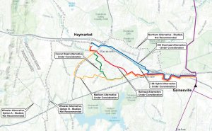 Dominion Power map of Haymarket Preferred route, alternate and rejected routes. 