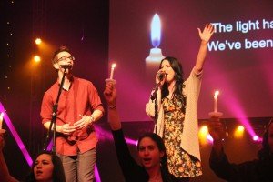 Songwriters Kaleb Weaver and Michaelah Burns perform at last year’s Chapel Springs Church Christmas Eve services.