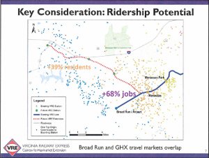 Ridership consideration map from the VRE presentation before the Board of County Supervisors, Jan. 19. 