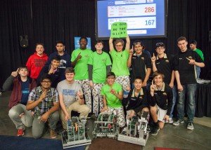 Haymarket VEX Robotics Team 180 "Born to Bot" on the right, in black, pictured with other winners at the Virginia VEX Robotics Championship. 