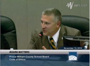 Brentsville temporary School Board member Shawn Brann advocates for Code of Ethics. 