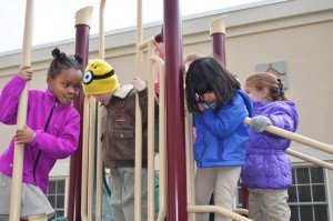 Children laugh and chat on the jungle gym. 