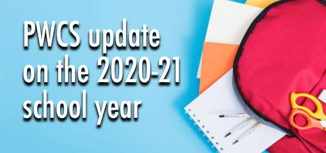 A collection of school supplies. Text: PWCS Update on the 2020-21 year