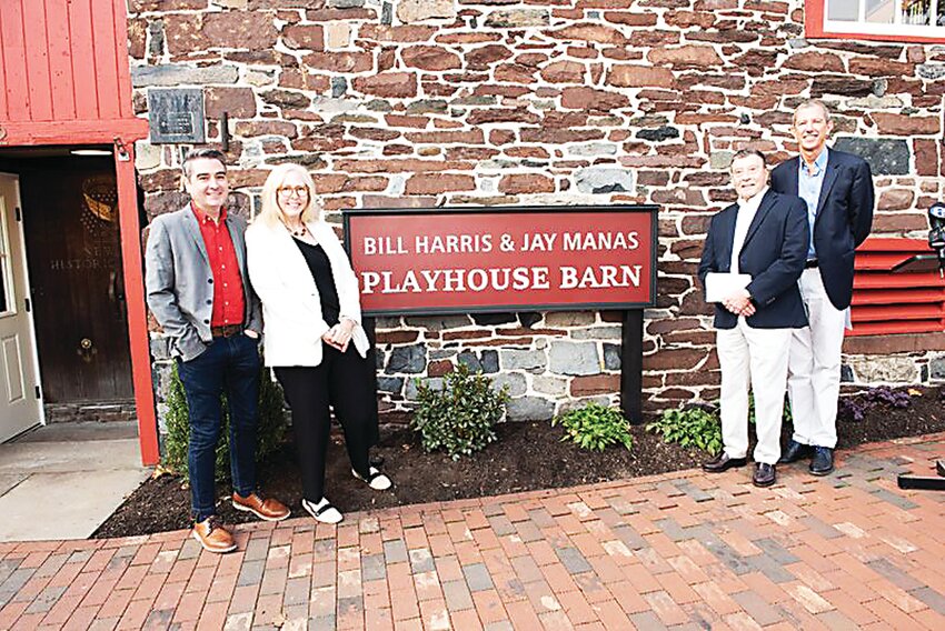 Alexander Fraser, producing director, right; Adele Adkins, managing director; Josh Fiedler, producer, and Bill Nolan, a longtime friend of Bill Harris and Jay Manas, attend the Bucks County Playhouse barn rededication ceremony.
