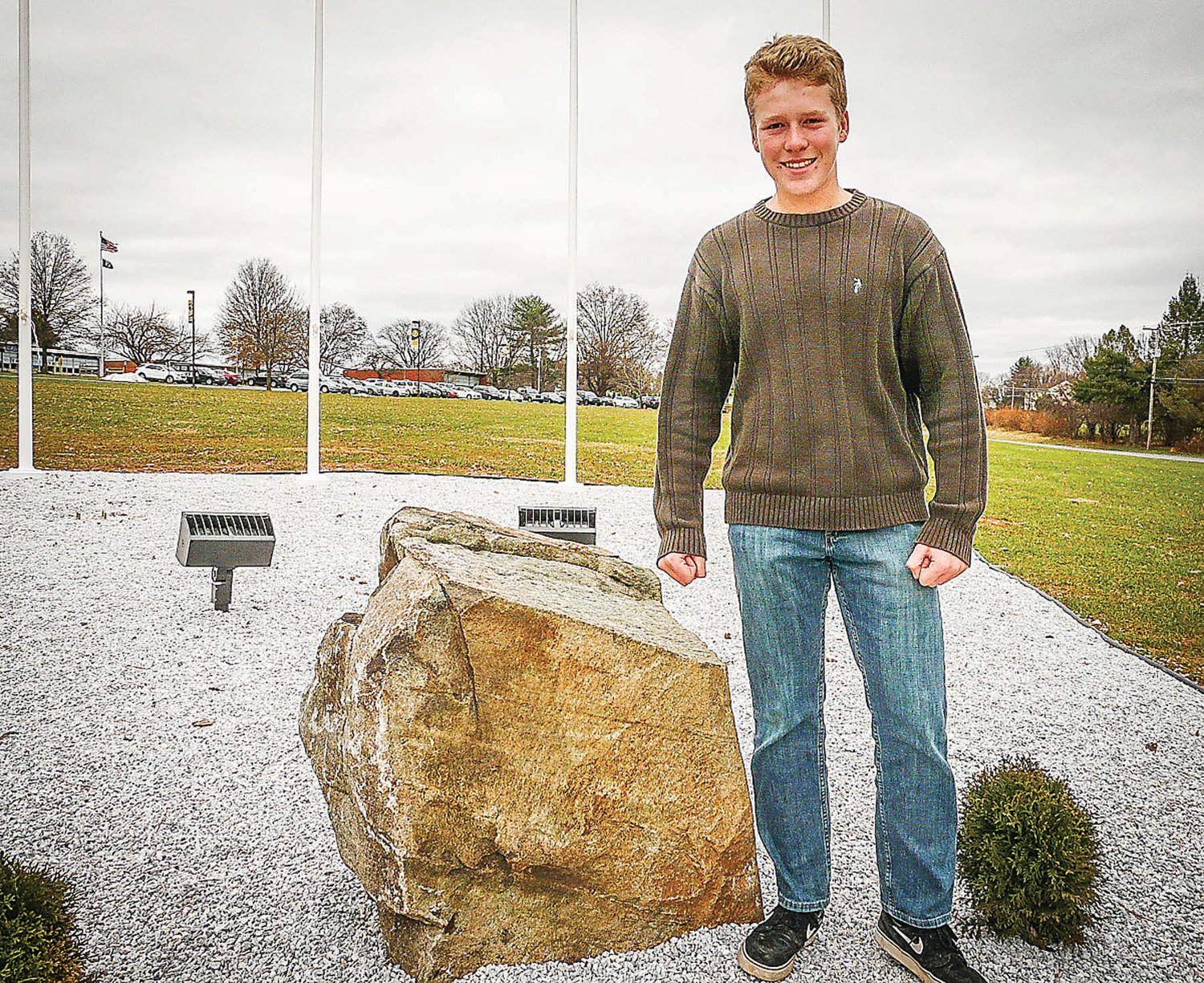 Eagle Scout candidate Liam Kephart is making good progress on his monument to Delaware Valley High School alumni who have served in the armed forces.