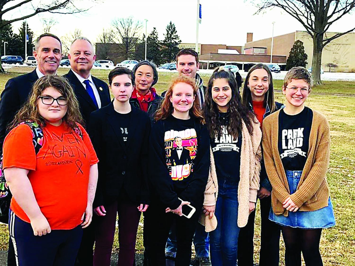 Students gathered with legislators (back row) Steve Santarsiero, Perry Warren and former House member Helen Tai, at Council Rock High School North on the anniversary of the Parkland High School shooting.