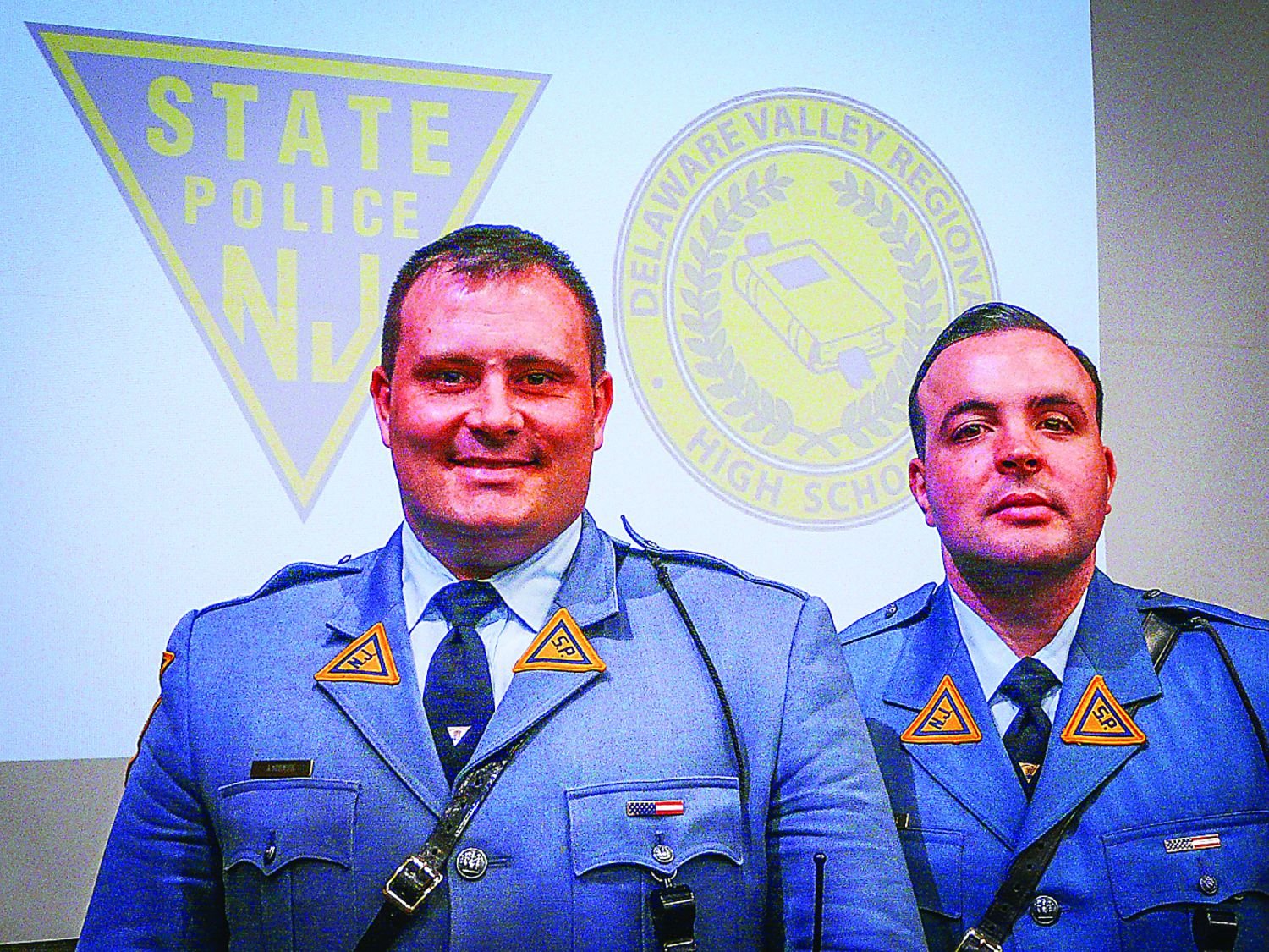 State Troopers Joe Seidler, left, and Mike Guenther made the case against opioid use in a marathon session with Delaware Valley High School upperclassmen.