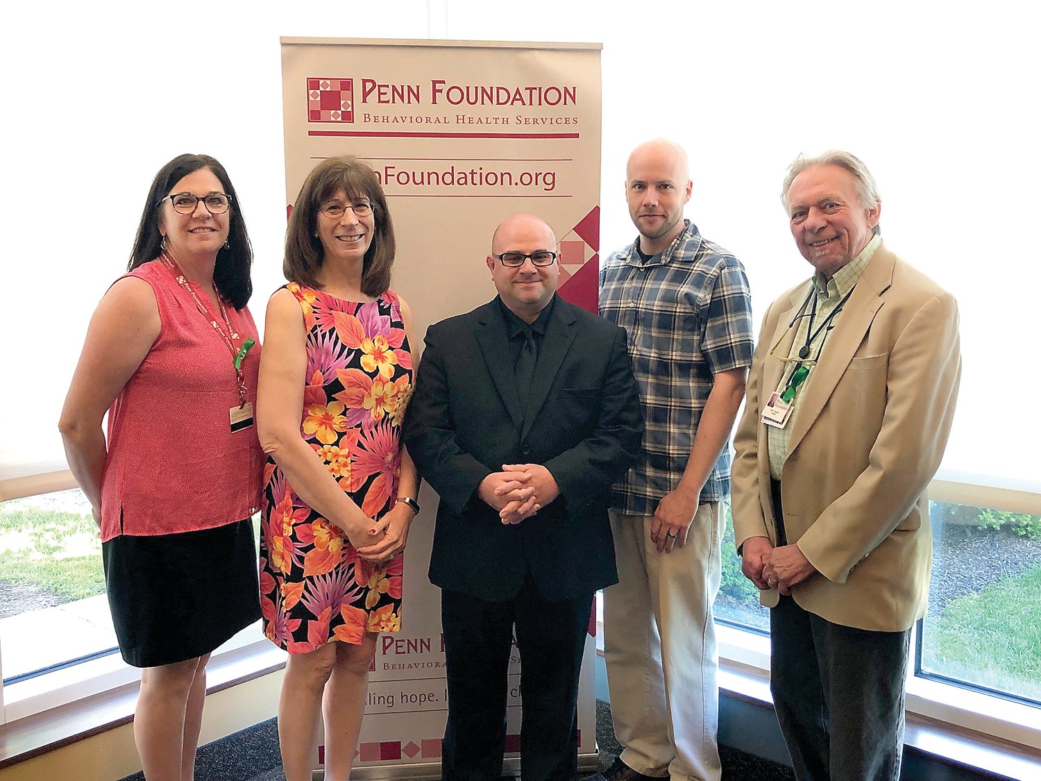 From left are presenters Nina Drinnan, nurse practitioner; Debra Ryan, director of community outreach (who organized the clergy education event); Ryan Stever, Penn Foundation client; Chad Wisler, wrap around mobile therapist; and the Rev. Carl Yusavitz, PhD, director of pastoral services.