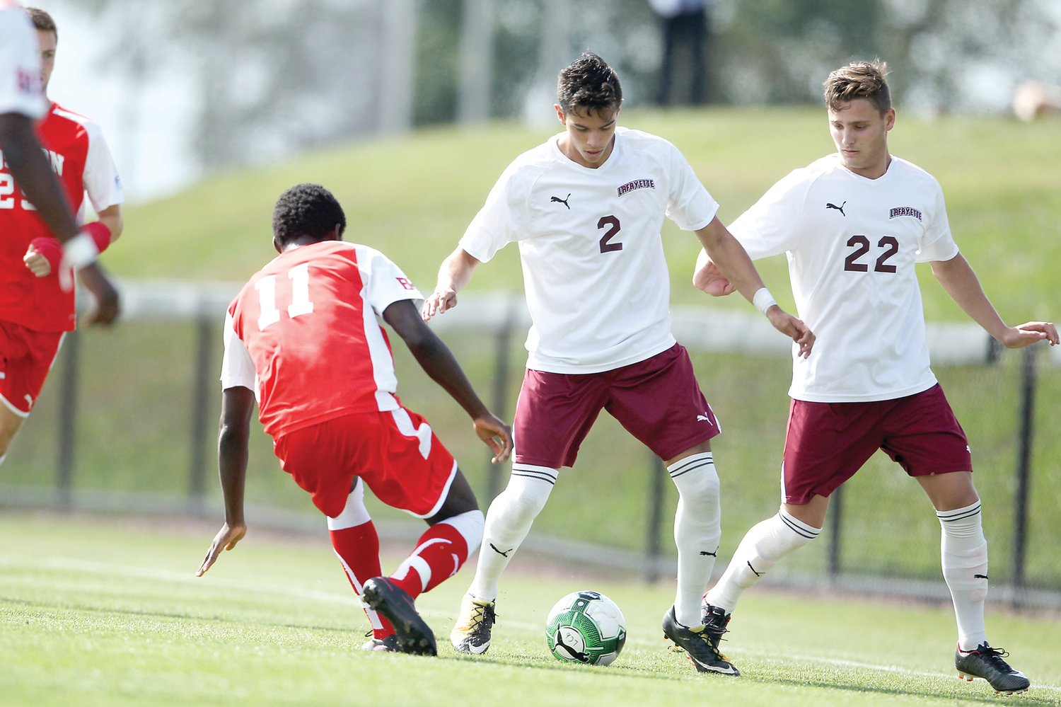 Lafayette College Central Bucks East graduate Chris Gomez, center, was third on Lafayette in scoring (five points) in 2017 and co-led the team in goals (four) in 2018. Photograph by Lafayette College.