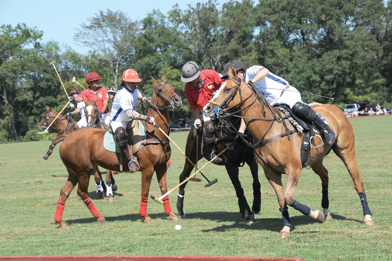 Polo players battle for control of the ball. Photograph by Carol Ross.