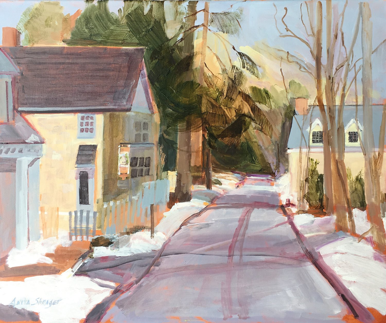 “Fleecydale Road” by Anita Shrager is an oil on linen, part of her solo show at the Silverman Gallery of Bucks County Impressionist Art.