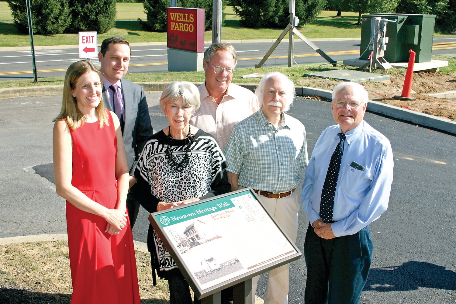 From left are Laura Parke-Carson, vice president leasing, Brixmore Property Group; Jason Brawer, senior leasing representative, Brismor: Lorraine Pentz, vice chair, Newtown Joint Historic Commission; Barry Fleck, president, Newtown Historic Association; Warren Woldorf, chair, Newtown Joint Histotic Commission; David Callahan, board member, Newtown Historic Association.