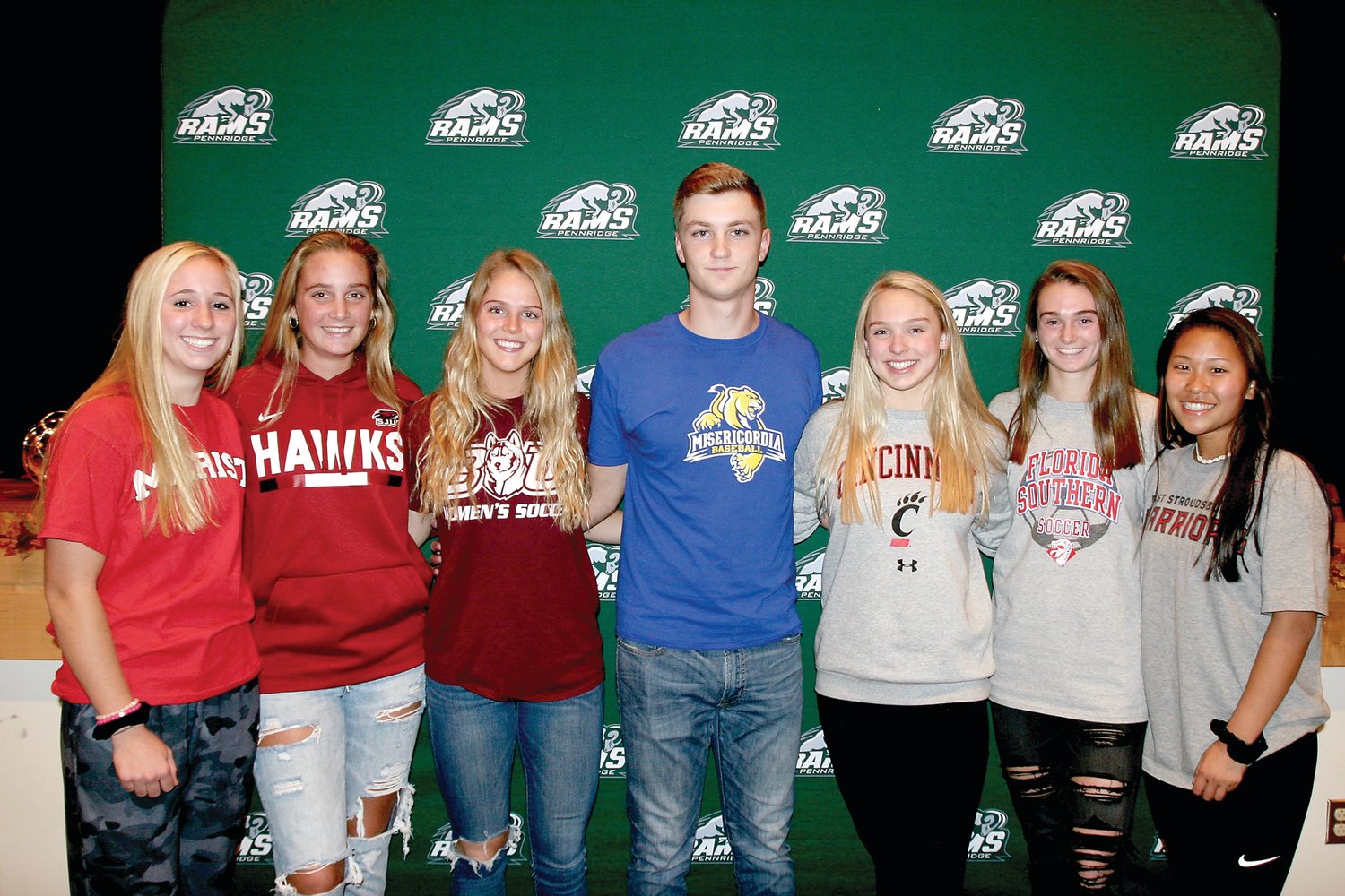 Pennridge recently held a letter of intent signing ceremony for seven seniors. From left are: Chance Hendricks (Marist), Maddie Anderson (St. Joseph’s), Lauren McIntyre (Bloomsburg), Ray Knight (Misericordia), Erin Shema (Cincinnati), Meghan Kriney (Florida Southern) and Rachel Dudek (East Stroudsburg). Photograph by Mary Jane Souder.