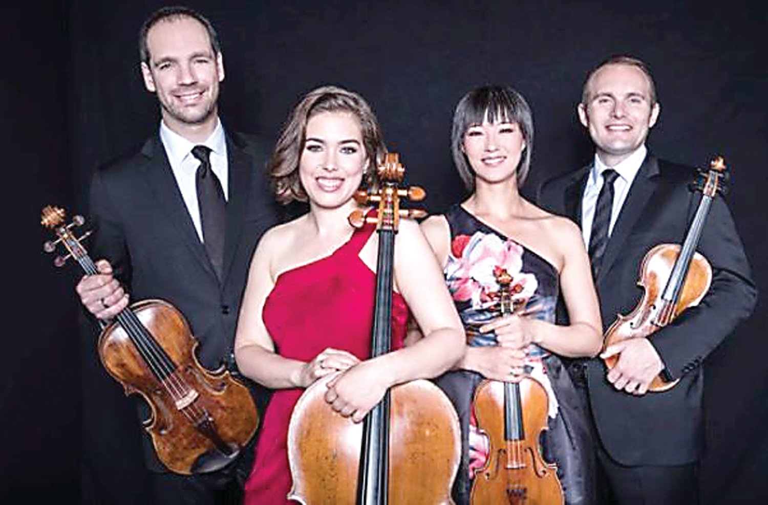 Jasper String Quartet members are violist Sam Quintal, cellist Rachel Henderson Freivogel, and violinists Karen Kim and J. Freivogel.