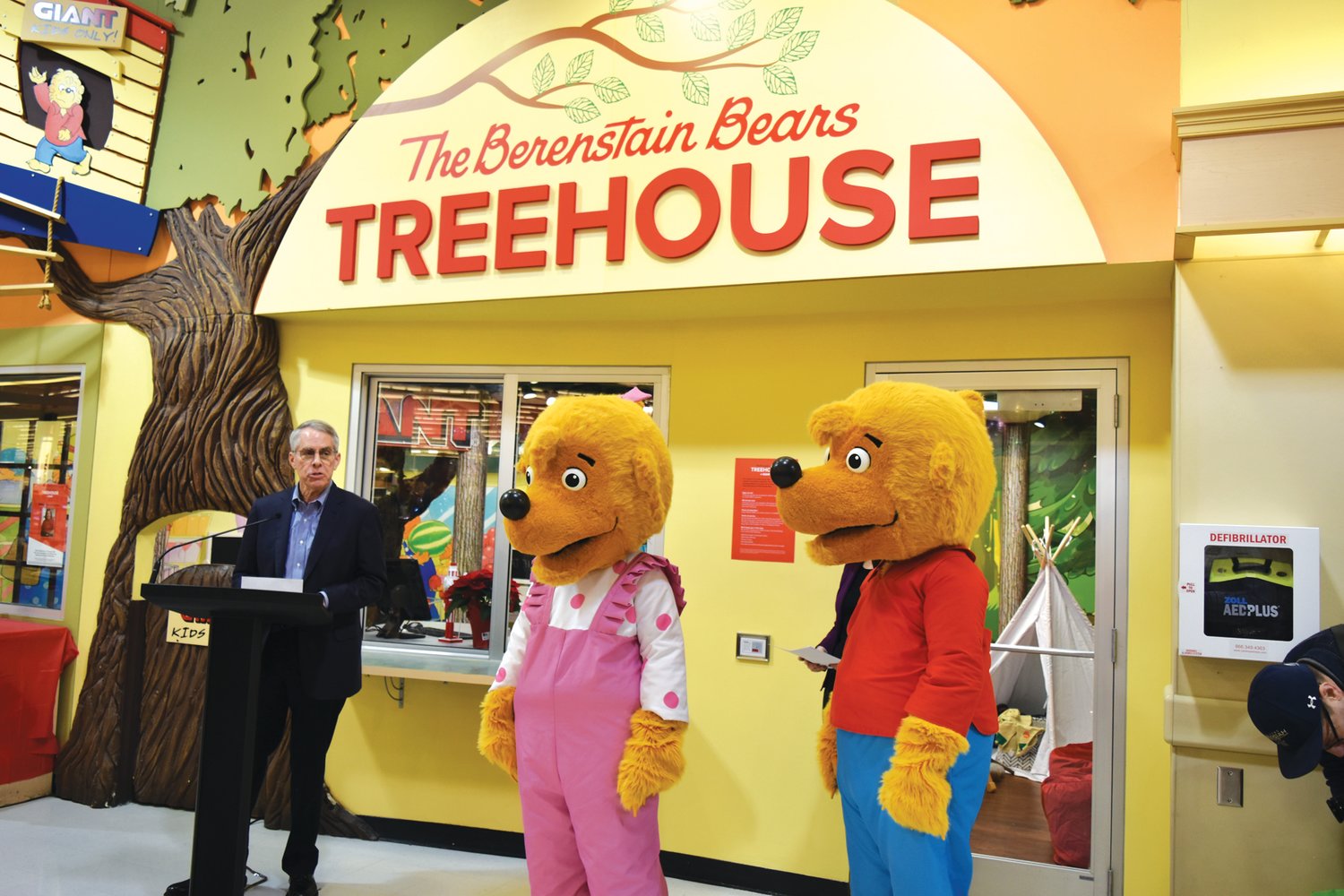 Mike Berenstain and “Berenstain Bears” characters attend the opening of the The Berenstain Bears  Treehouse.