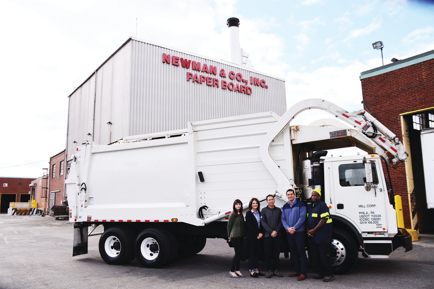 From left are: Chelsea Zoladz, logistics coordinator; Jessica Newman Solomon, president of United States Recycling Inc.; David Newman, vice-president and general manager of Newman & Co. Inc.; Brian Ostrowsky, Paper Retriever Program manager; and Mark Warner, driver.