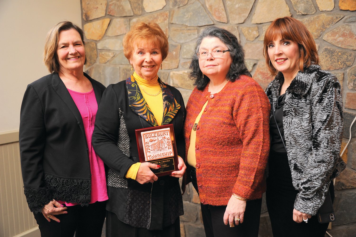 Donneta Crane, Elaine Crooks with the Honored Citizen of Solebury Award, Charlotte Zanidakis, Sue-Ann Devito. Photograph by Carol Ross.
