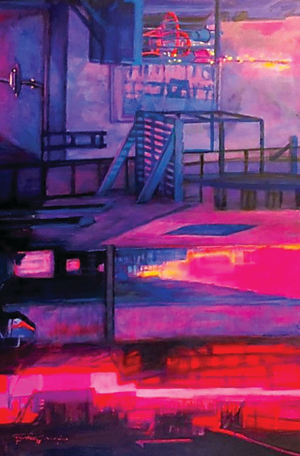 “Alley Tryp” is an acrylic on canvas by James Bongartz.