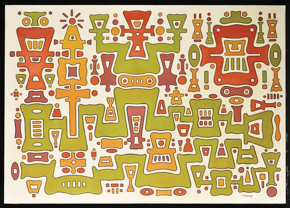 This untitled hieroglyphics is an oil painting by Franz Jozef Ponstingl (1927-2004), from the collection of John Munice.