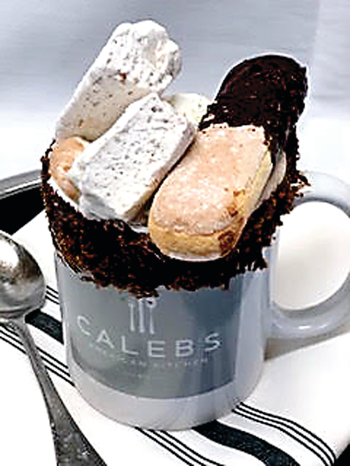 Tiramisu hot chocolate, complete with homemade marshmallows, is the hot chocolate flavor of the month at Caleb’s American Kitchen in Lahaska. Photograph by Caleb’s American Kitchen.
