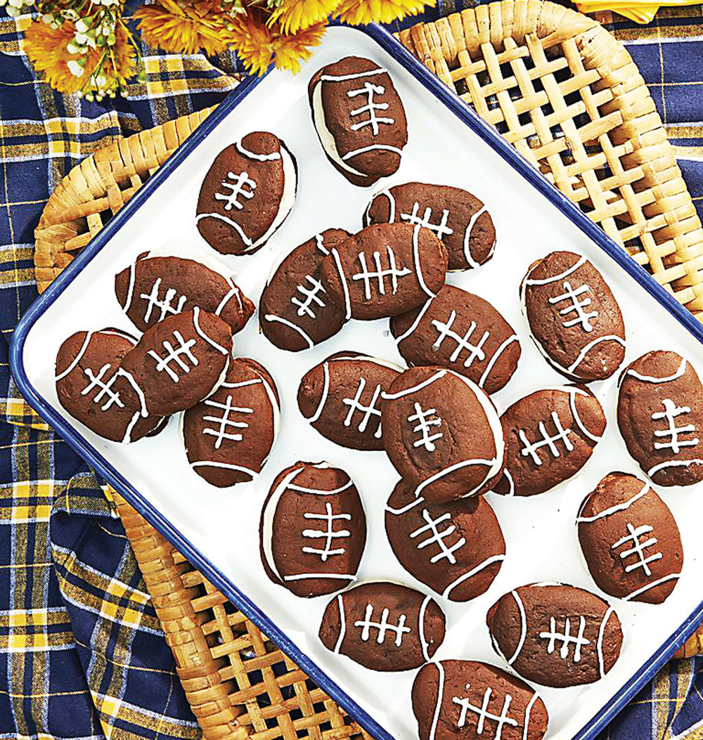 Football-shaped whoopie pies are a cheerful dessert to bring along to a Super Bowl party on Sunday. Photograph by Countryliving.com.