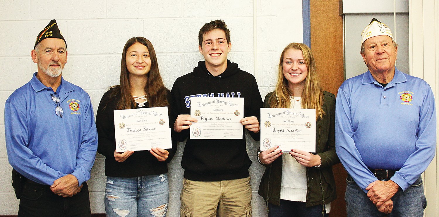 Winners of the Milford-Frenchtown VFW’s Voice of Democracy speech competition are, from left, Jessica Scheier, third; Ryan Stephens, second; and Abigail Schaefer, first. They are flanked by Ron Rounsaville, left, and commander Sonny Silva. Schaefer also won at the Hunterdon County level.