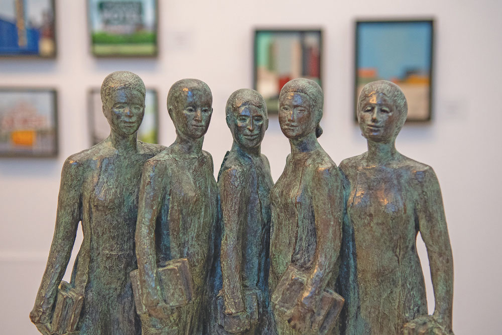 George R. Anthonisen’s “Five Women,” bronze, is among the works shown with paintings by Emily Thompson, Mavis Smith and Richard Lennox in “Bucks County Artists: A Cross Section” at the Hicks Art Center Gallery through March 11.