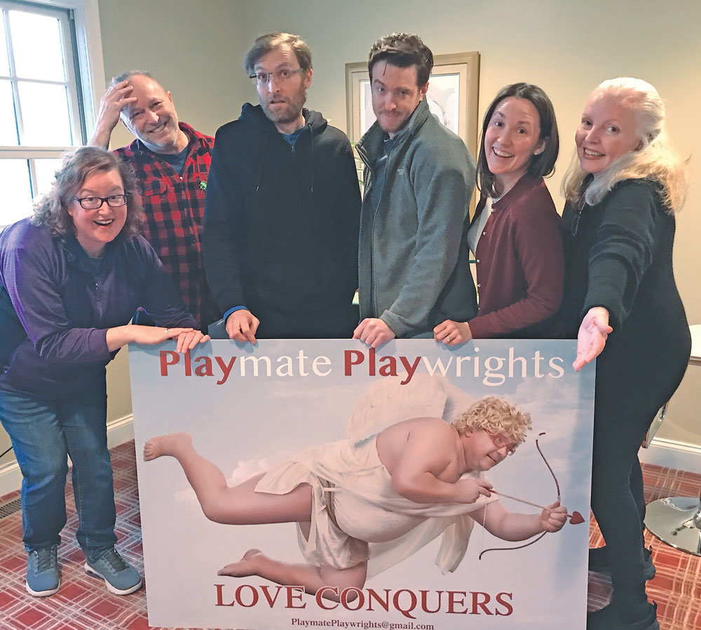 Sarah LeClair, John Augustine, Jesse Sparhawk, Sean Nelms, Meghan Malloy and Joanne Eisenberg with Crazy Cupid of “Love Conquers,” who will be at the theater for photo ops.