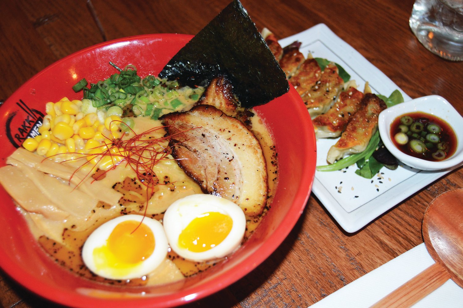 Miso ramen, with pork broth, corn, seaweed, soft-boiled eggs, scallions, bamboo shoots and traditional noodles, is a customer favorite at Rakkii Ramen. Photograph by Susan S. Yeske.