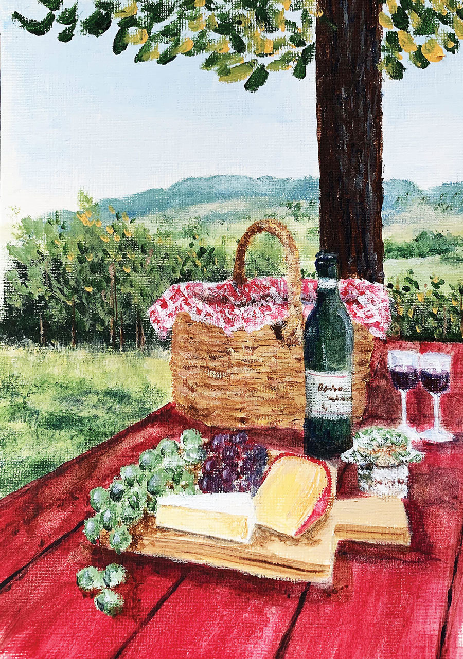 “Wine and Cheese” is an acrylic by Margie Perry.
