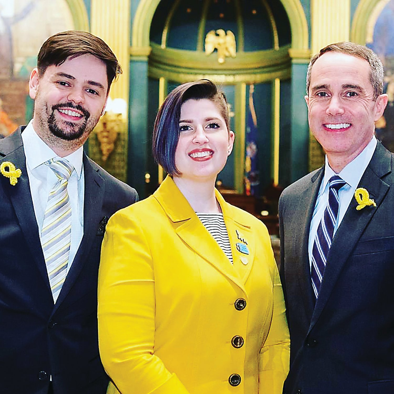Ryan Leach, left, Rachel Leach and Sen. Steve Santarsiero were photographed in 2019, when Santarsiero introduced a resolution to declare March Endometriosis Awareness Month. The Leaches live in Chalfont.