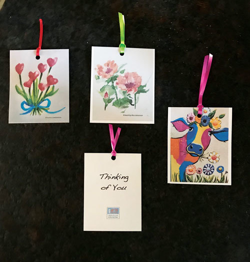 Hopewell Valley Arts Council Thinking of You cards, from left, are by artists Linda Bradshaw, Alice Johansson and Sheetu Batra.