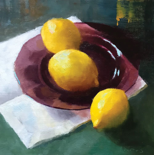 “Plated Lemons” is an oil painting by Judith Nentwig.