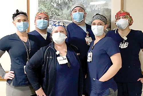 Mercer County Community College nursing professor Lisa Dunn was reunited with five of her former students in the battle against the coronavirus pandemic, working side-by-side in the Robert Wood Johnson-Hamilton Hospital Intensive Care Unit. Fron left are: Brittany Gonzalez, Matthew Piamonte, Dunn, Joe Johnson, Crystal Dixon and Heidy Grullon.