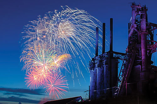 Fireworks over SteelStacks on July 4. Photograph by Jonathan Davies.