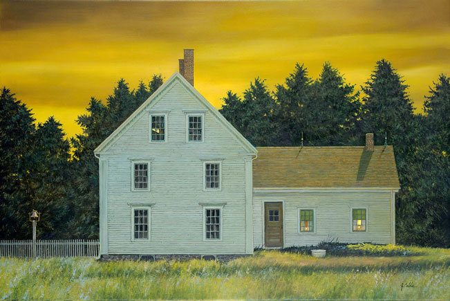 “Farmhouse at Dusk with Picket Fence and Dinner Bell” is an oil on canvas by Jerry Cable.
